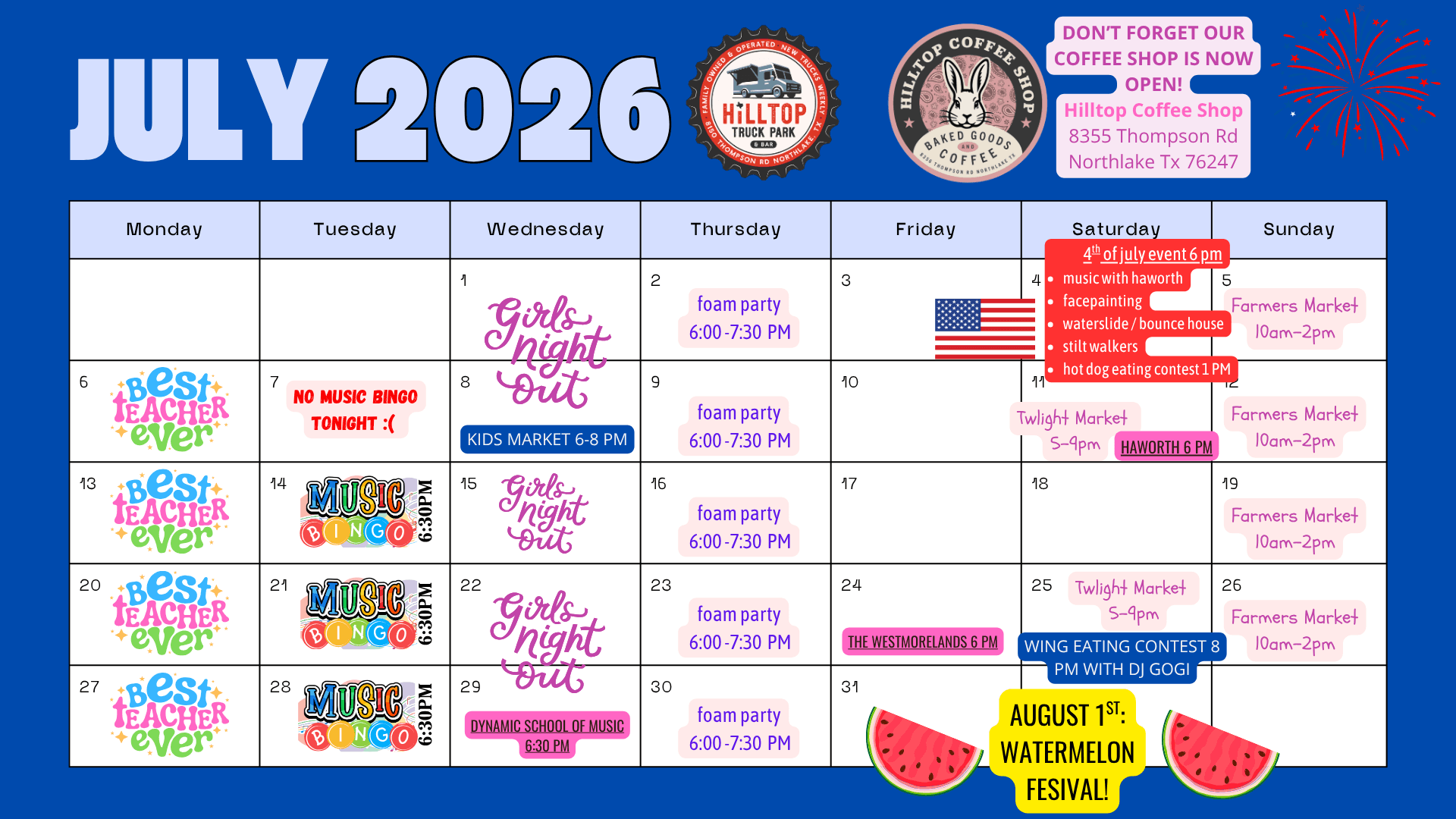 Monthly schedule at Hilltop Truck Park