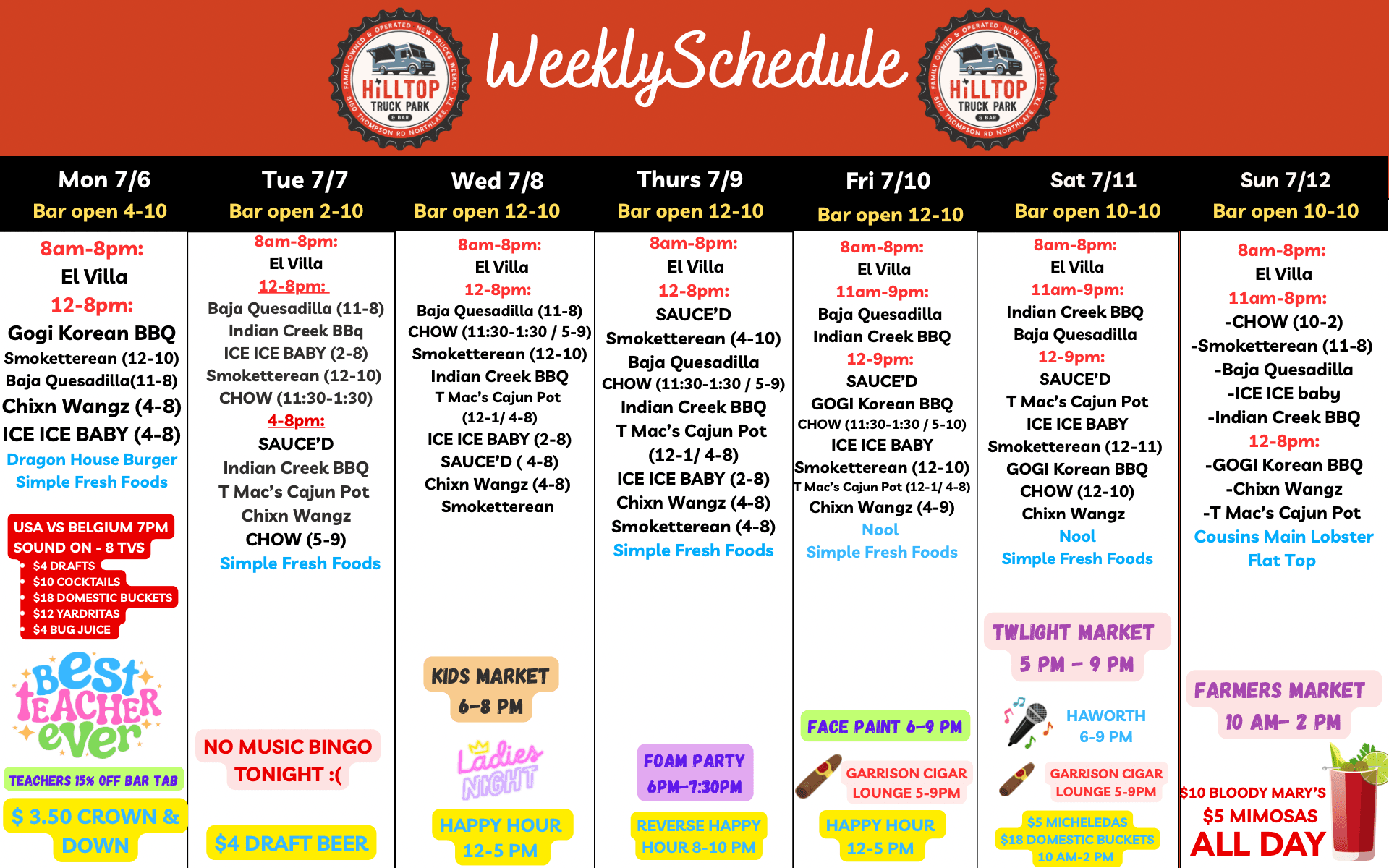 Weekly schedule at Hilltop Truck Park