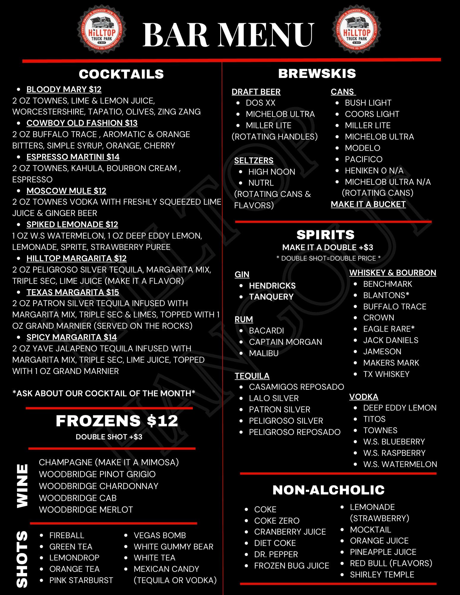 Hilltop Truck Park bar menu — cocktails, beer, wine, spirits, and more