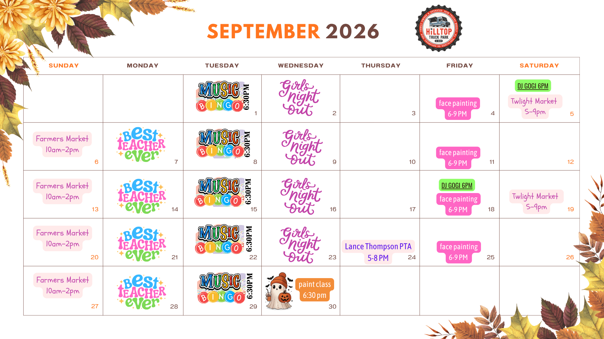 Monthly schedule at Hilltop Truck Park