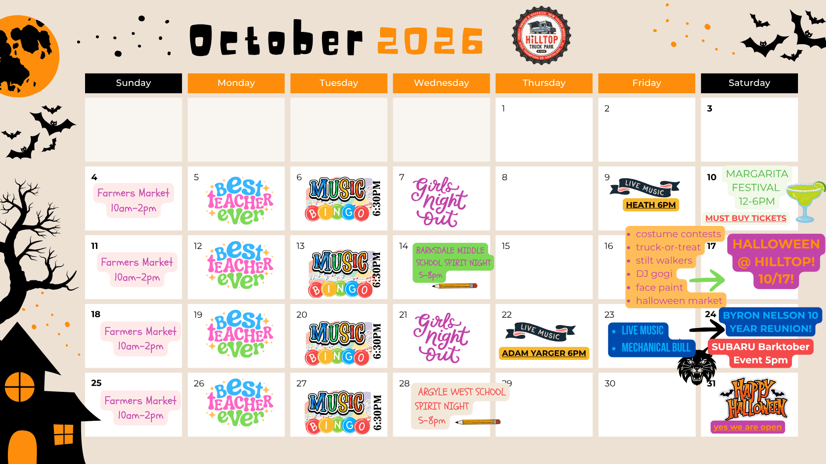 Monthly schedule at Hilltop Truck Park