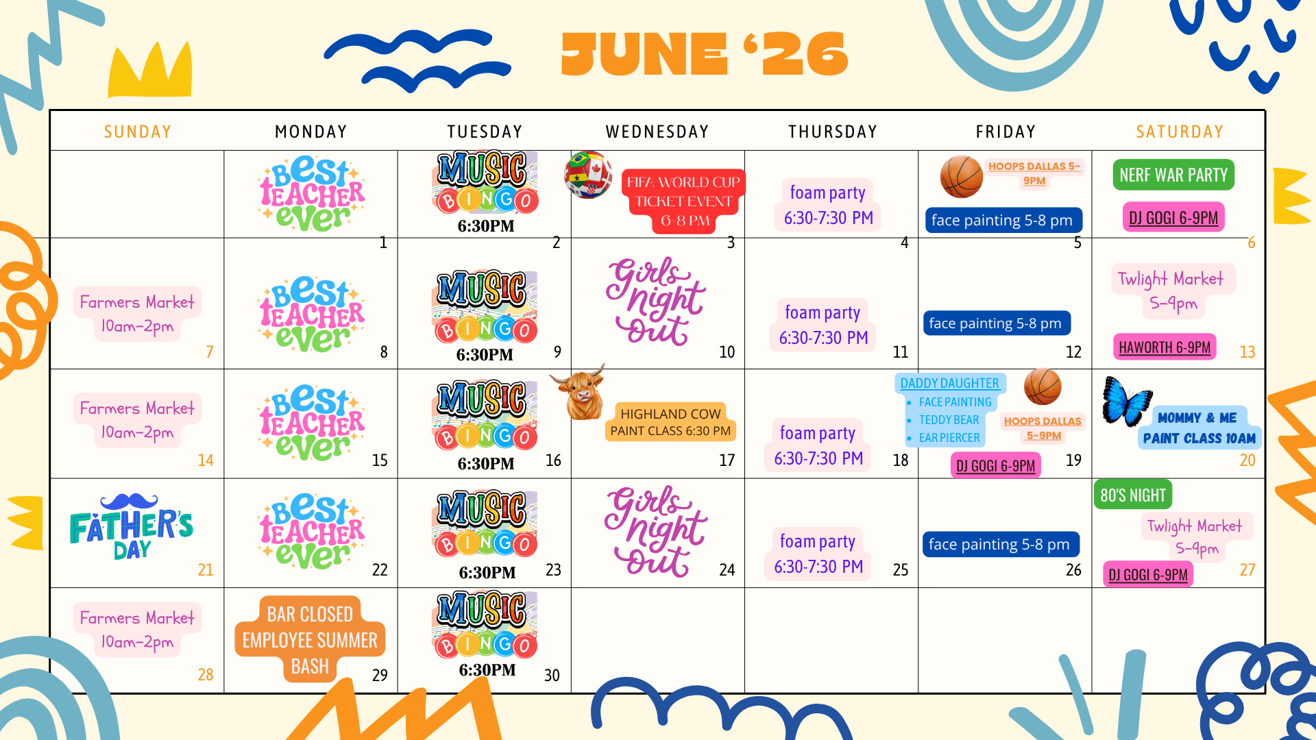 Monthly schedule at Hilltop Truck Park