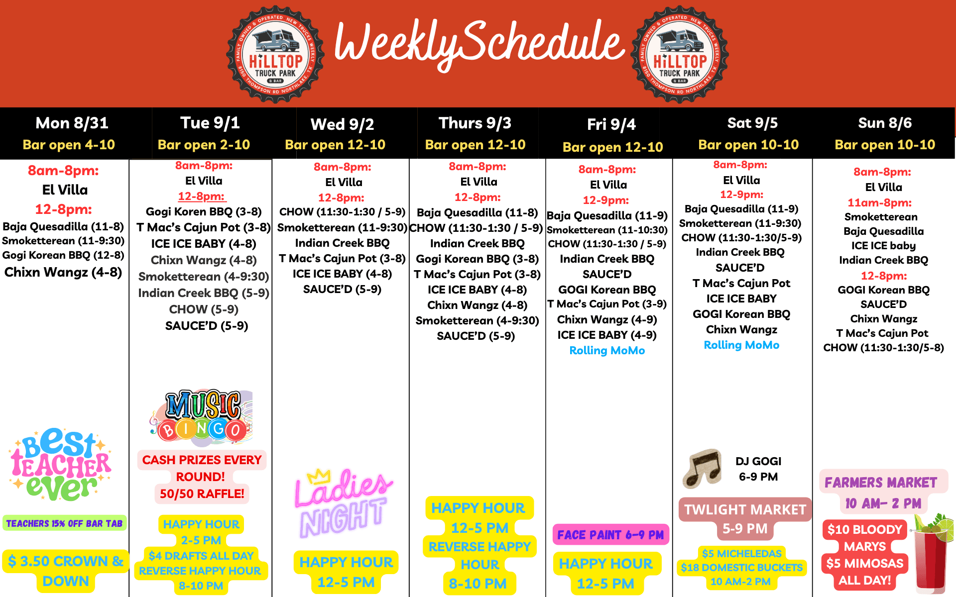 Weekly schedule at Hilltop Truck Park