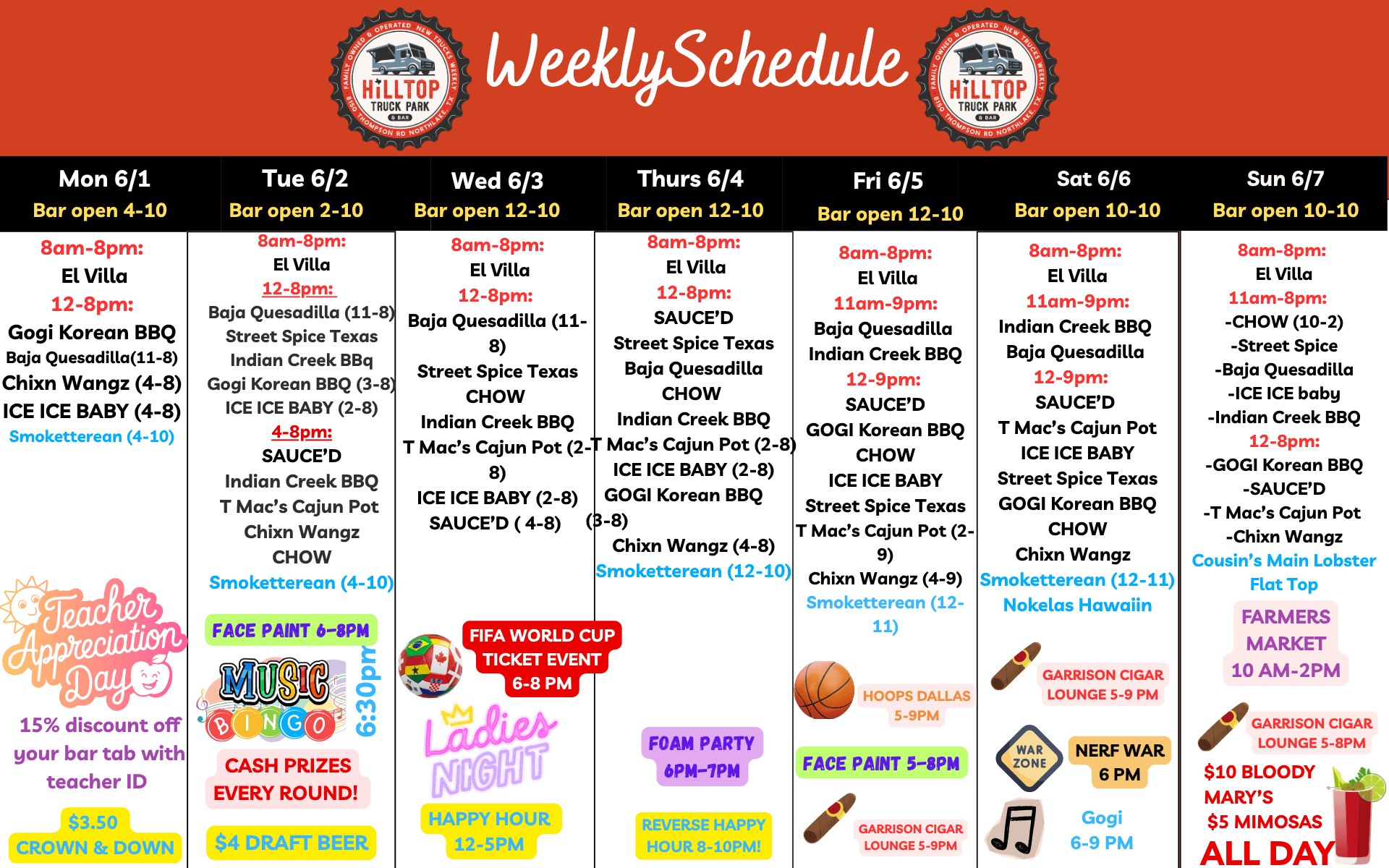 Weekly schedule at Hilltop Truck Park