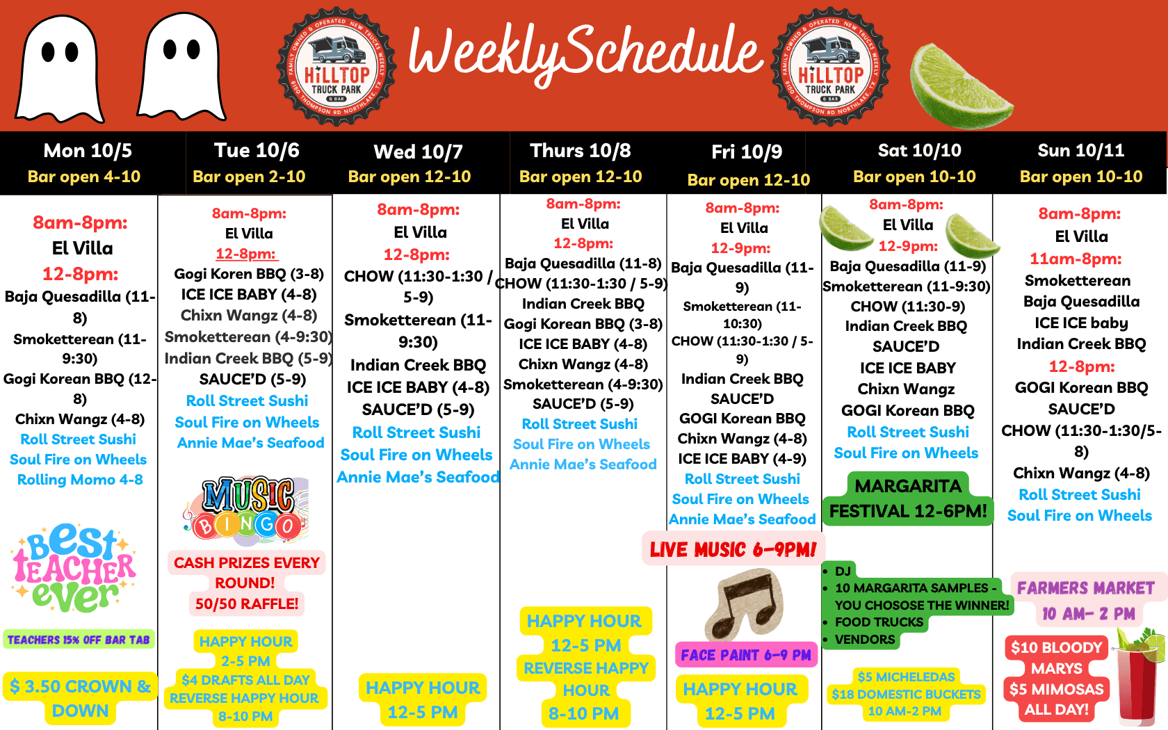 Weekly schedule at Hilltop Truck Park