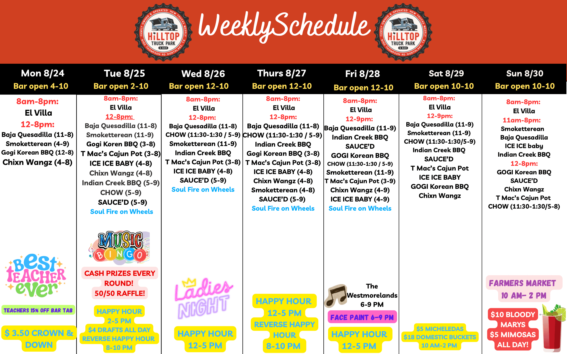 Weekly schedule at Hilltop Truck Park